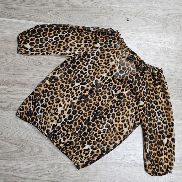 EXPRESS Y2K Animal Print Cheetah Flirtly Off shoulder Chiffon Blouse Size S - Picture 10 of 10